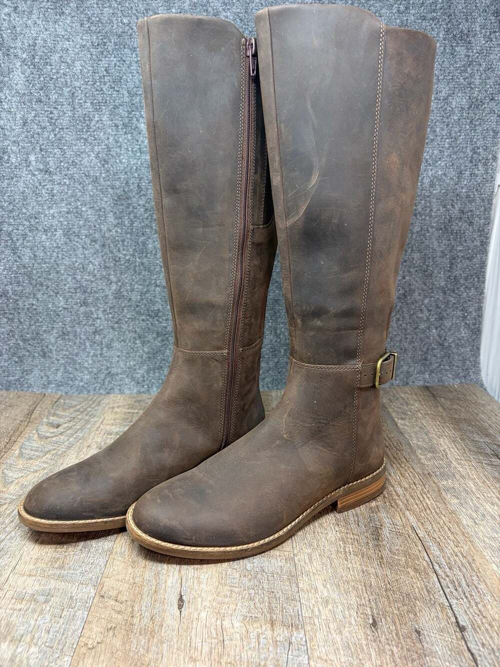 Clarks Collection Womens Leather Riding Boots  BRN Buckle Zip Knee High Size 6.5